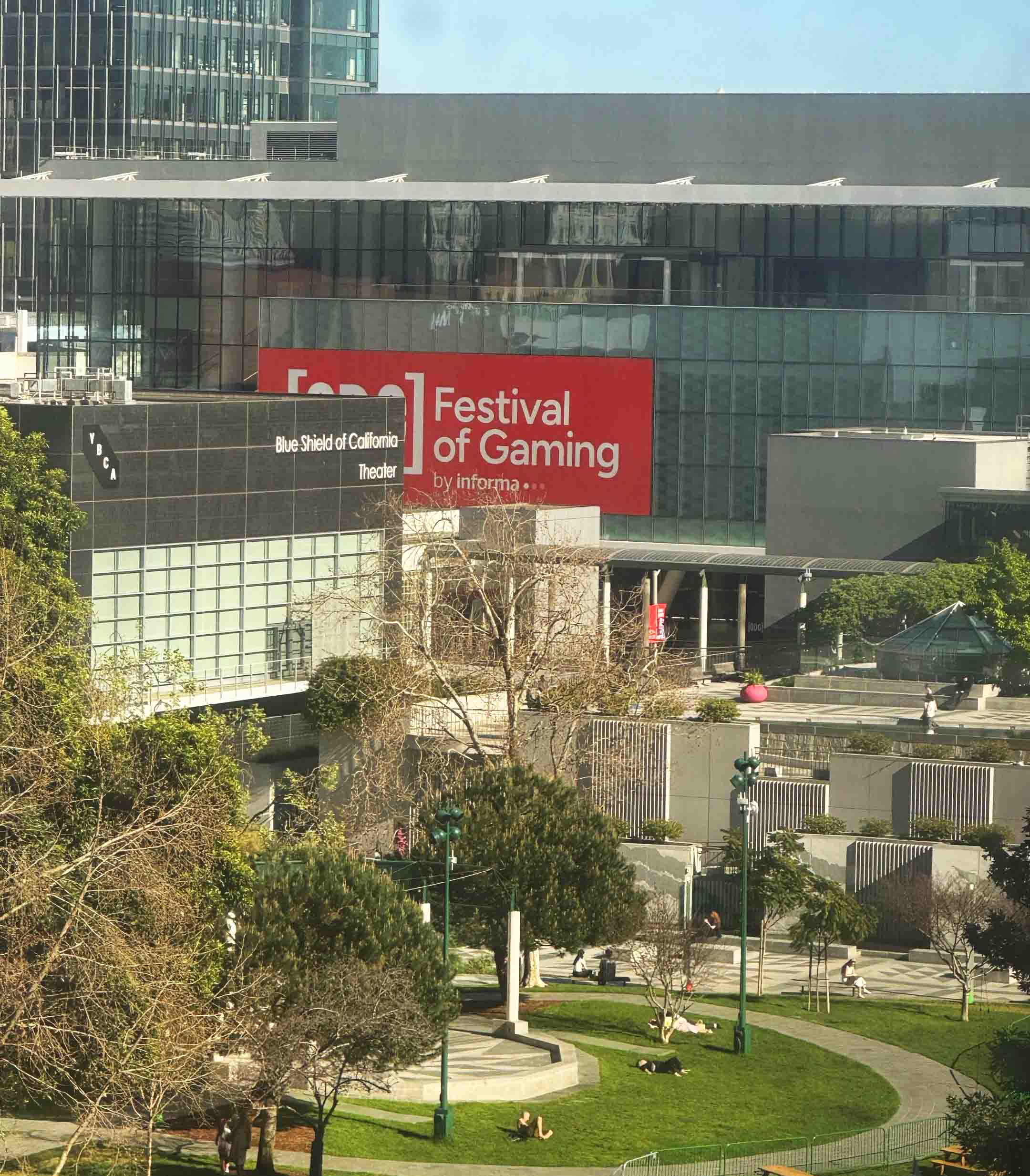 Far away shot of the Moscone Center with GDC banner